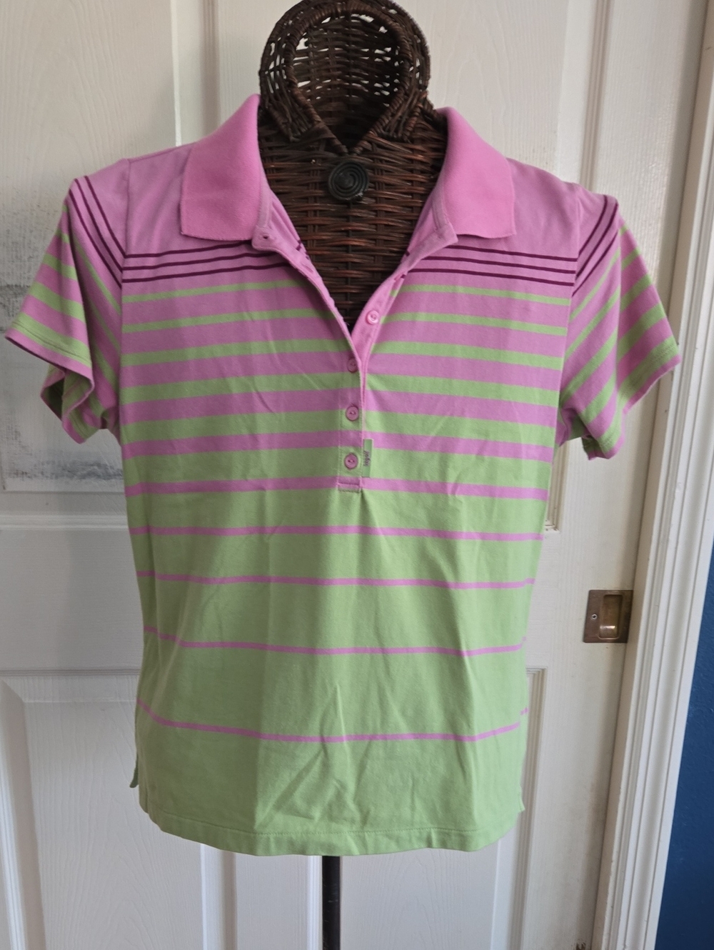 Liz Golf Women's Striped Polo Top in Pink and Light Green-XL
